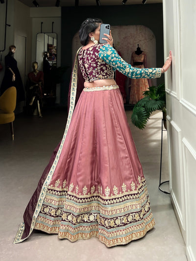 Peach Moonga Silk Lehenga Set with Sequins & Embroidered Organza Dupatta