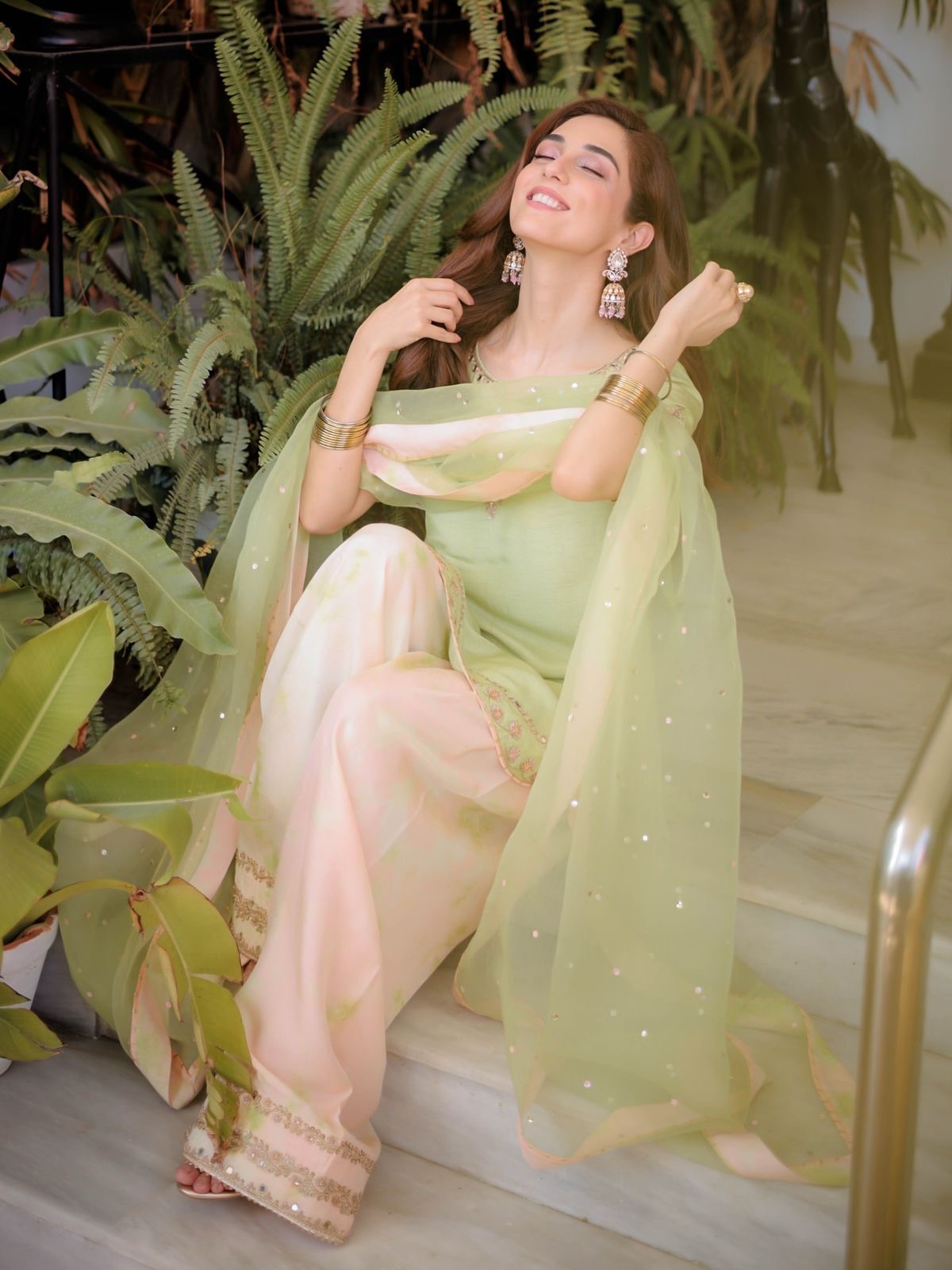 Designer Party Wear Natural Crepe Top & Farshi Palazzo Set With Organza Dupatta