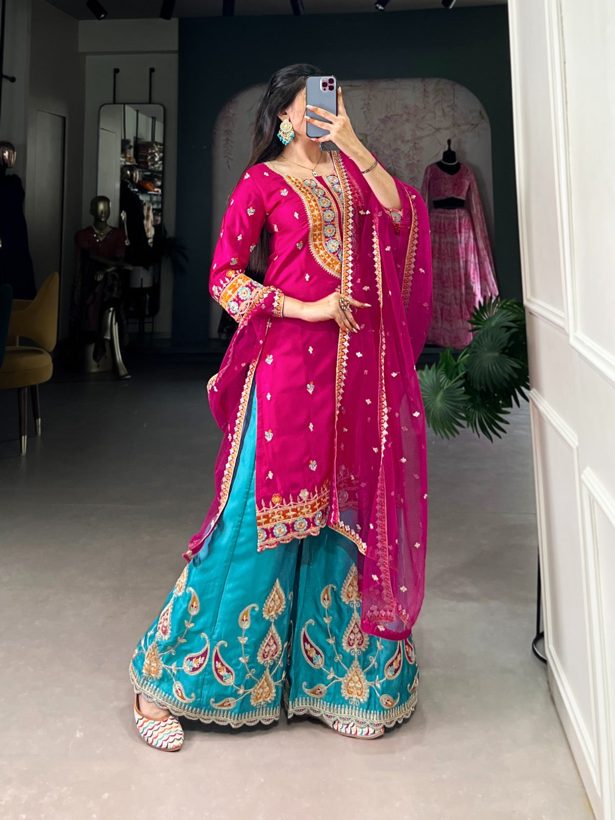 Pink Moonga Silk Dress Set With Embroidery Dupatta