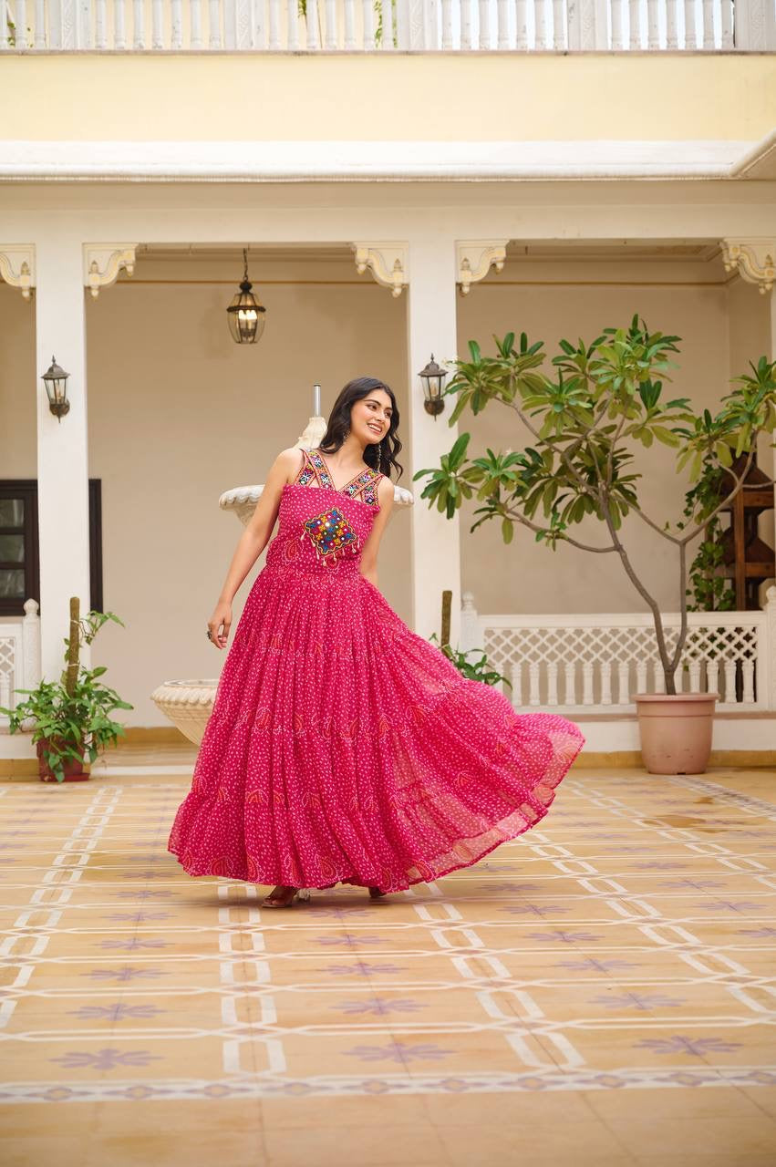 Pink Navratri Bandhani Print Gown