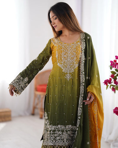 GREEN WITH YELLOW WEDDING WEAR CHINON SILK PLAZZO DRESS