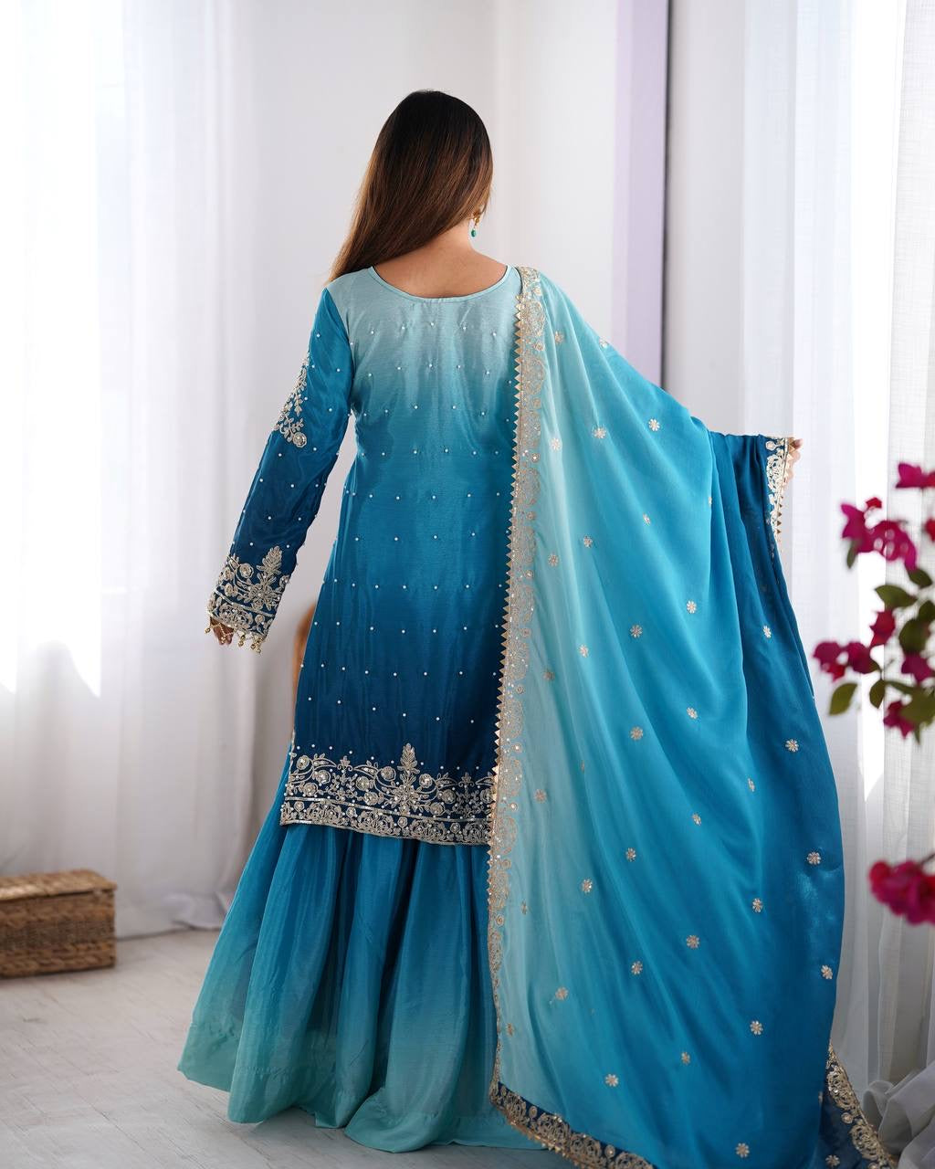 BLUE WEDDING WEAR CHINON SILK PLAZZO DRESS
