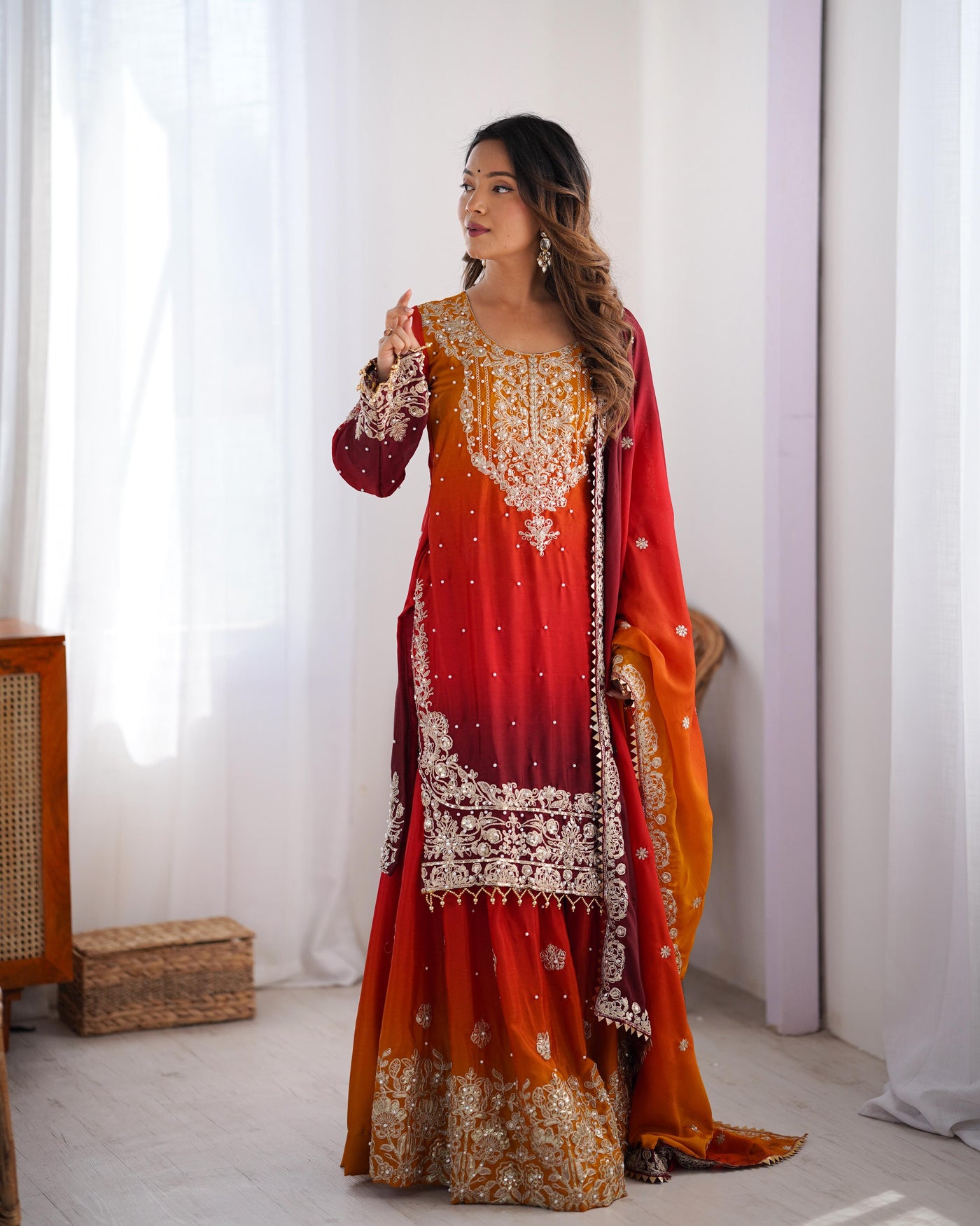 Red Wine Color Wedding Wear Chinon Silk Plazzo Dress