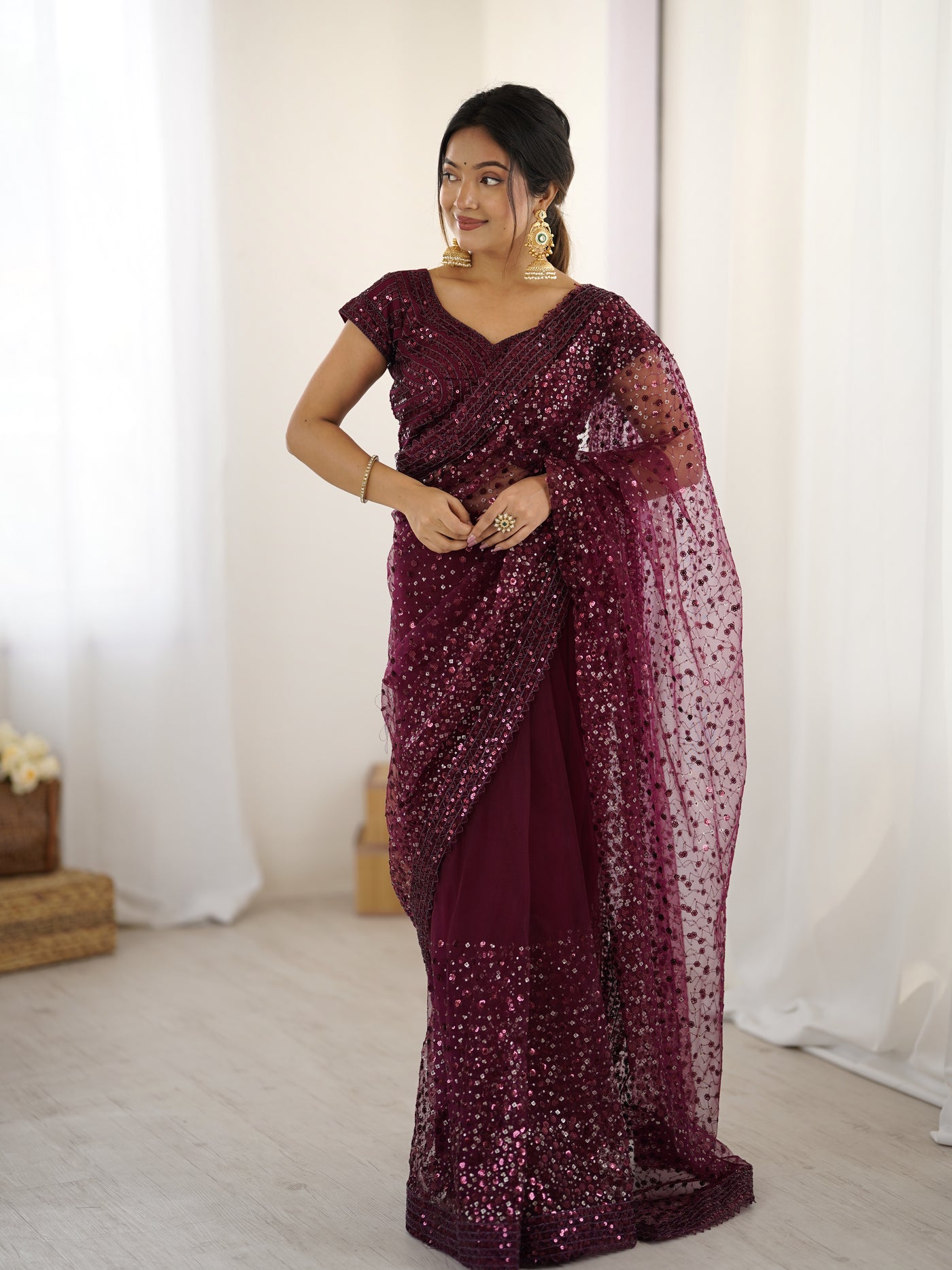 Wine Color Net Saree With Fancy Dupatta