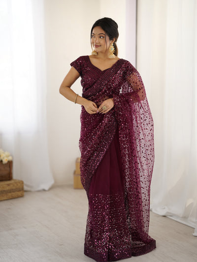 Wine Color Net Saree With Fancy Dupatta