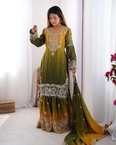 GREEN WITH YELLOW WEDDING WEAR CHINON SILK PLAZZO DRESS