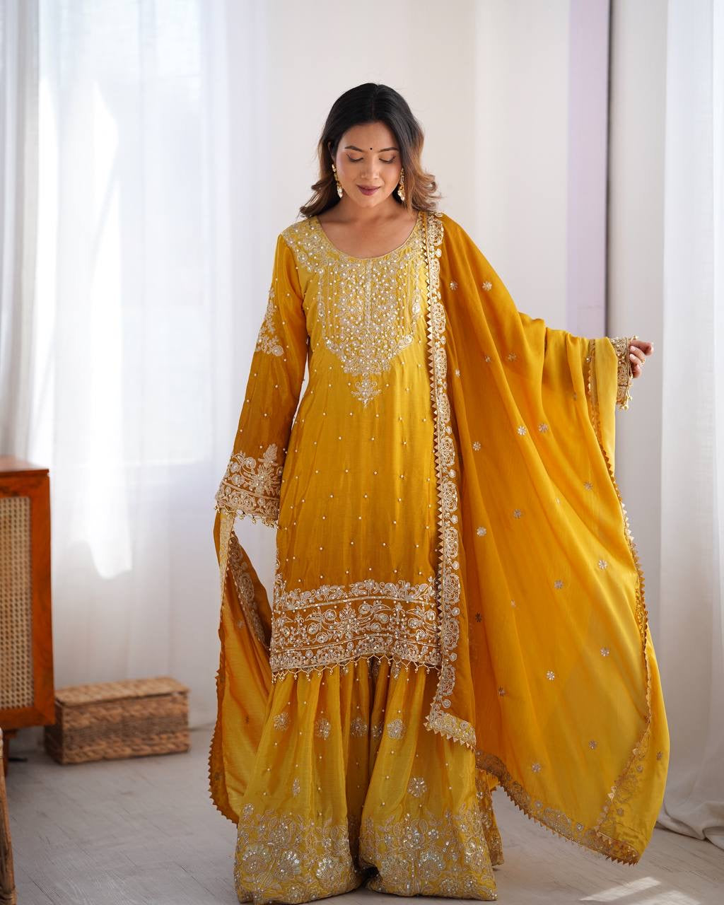 YELLOW WEDDING WEAR CHINON SILK PLAZZO DRESS