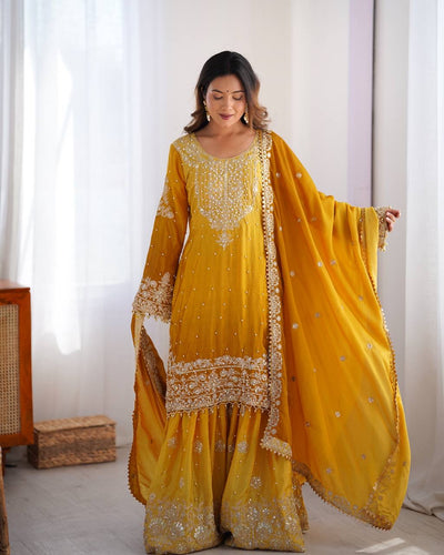 YELLOW WEDDING WEAR CHINON SILK PLAZZO DRESS