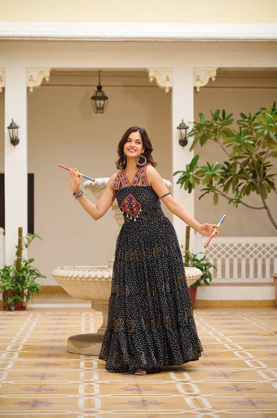Black Navratri Bandhani Print Gown