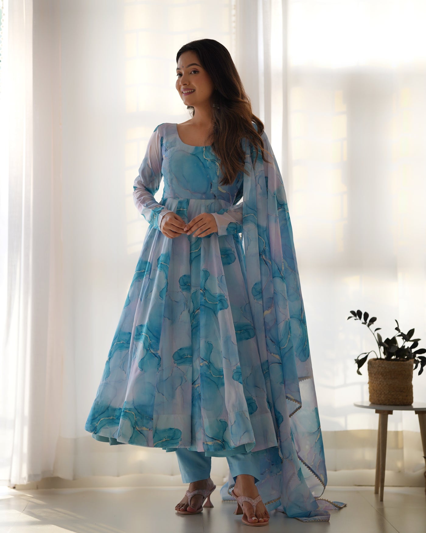 Pure Organza Silk Marble Print Anarkali Set With Dupatta And Pant