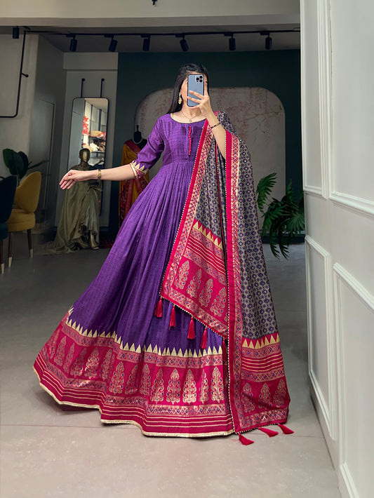 Tussar Silk Printed & Foil Work Ready-to-Wear Gown with Dupatta