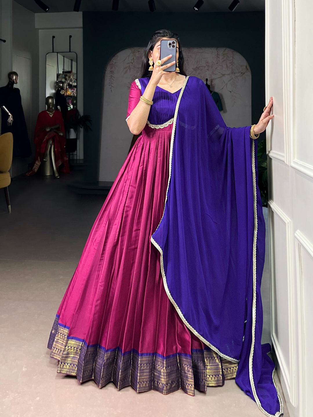 Aura Silk Zari Weaving Designer Gown with Dupatta