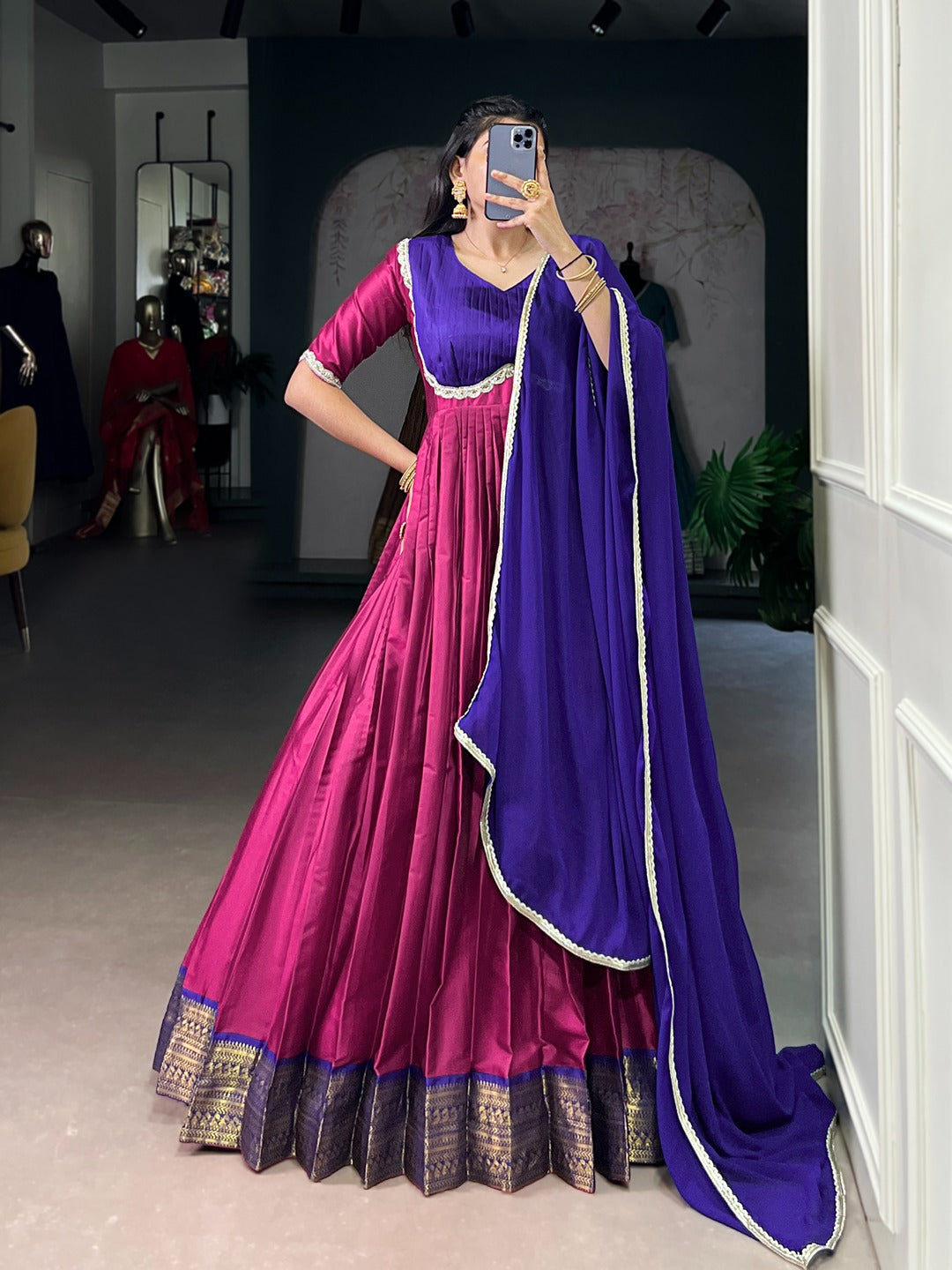 Aura Silk Zari Weaving Designer Gown with Dupatta