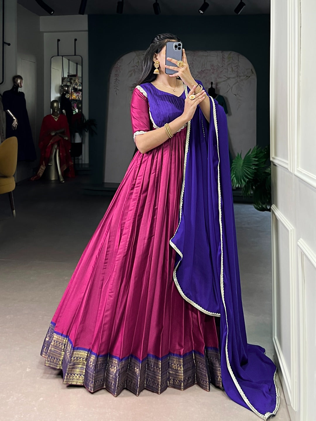 Aura Silk Zari Weaving Designer Gown with Dupatta