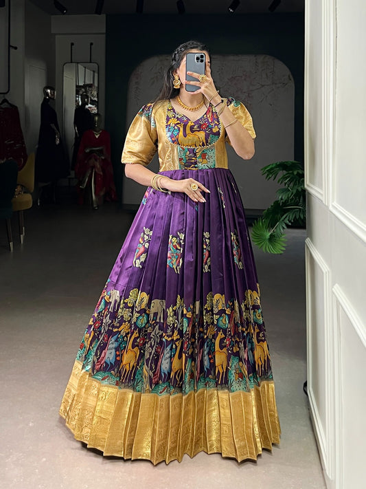 Dola Silk Pichwai Printed Designer Gown with Weaving Work