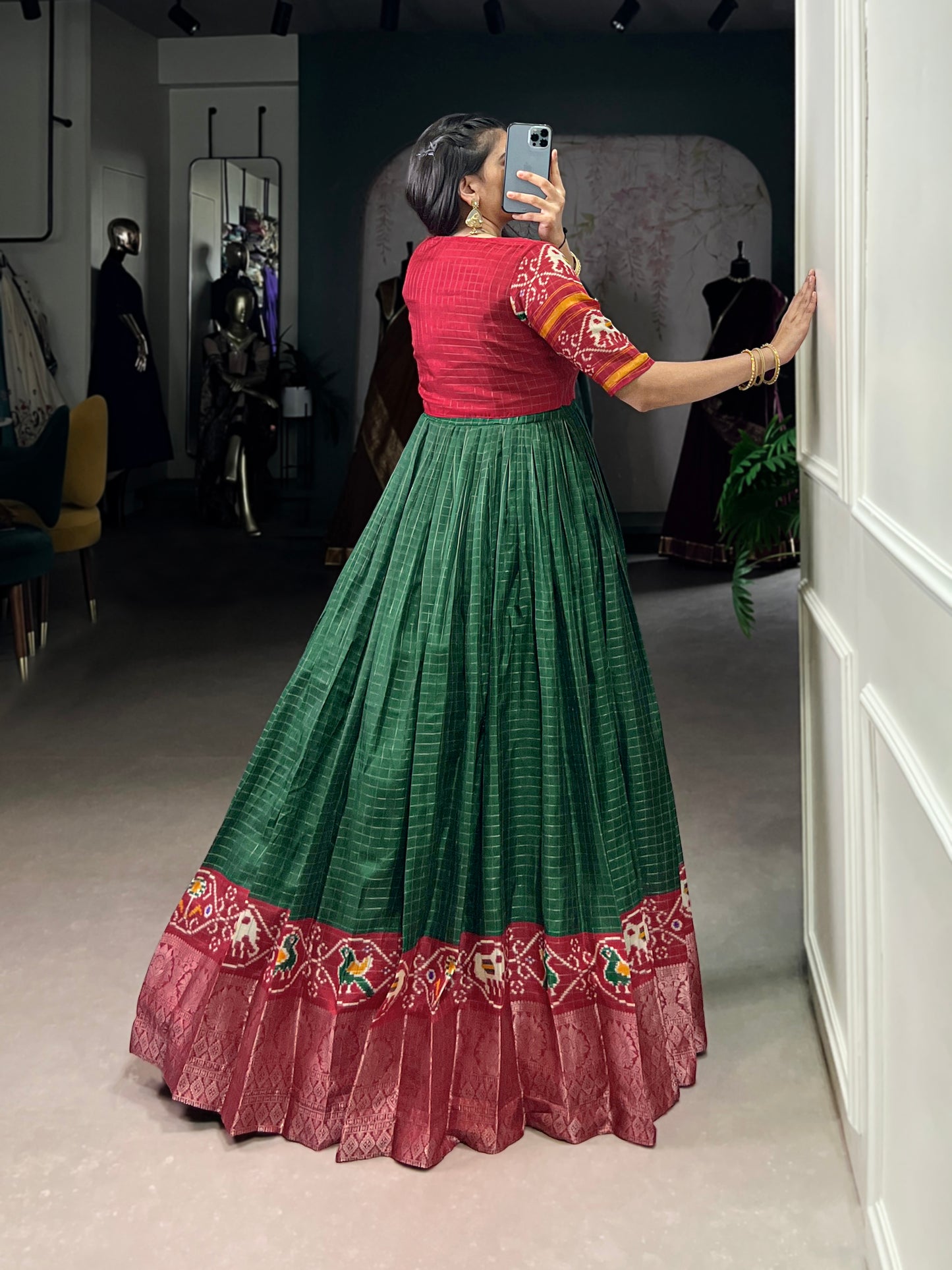 Tasar Chex Patola Print Gown with Weaving Border & Koti