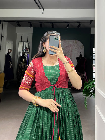 Tasar Chex Patola Print Gown with Weaving Border & Koti