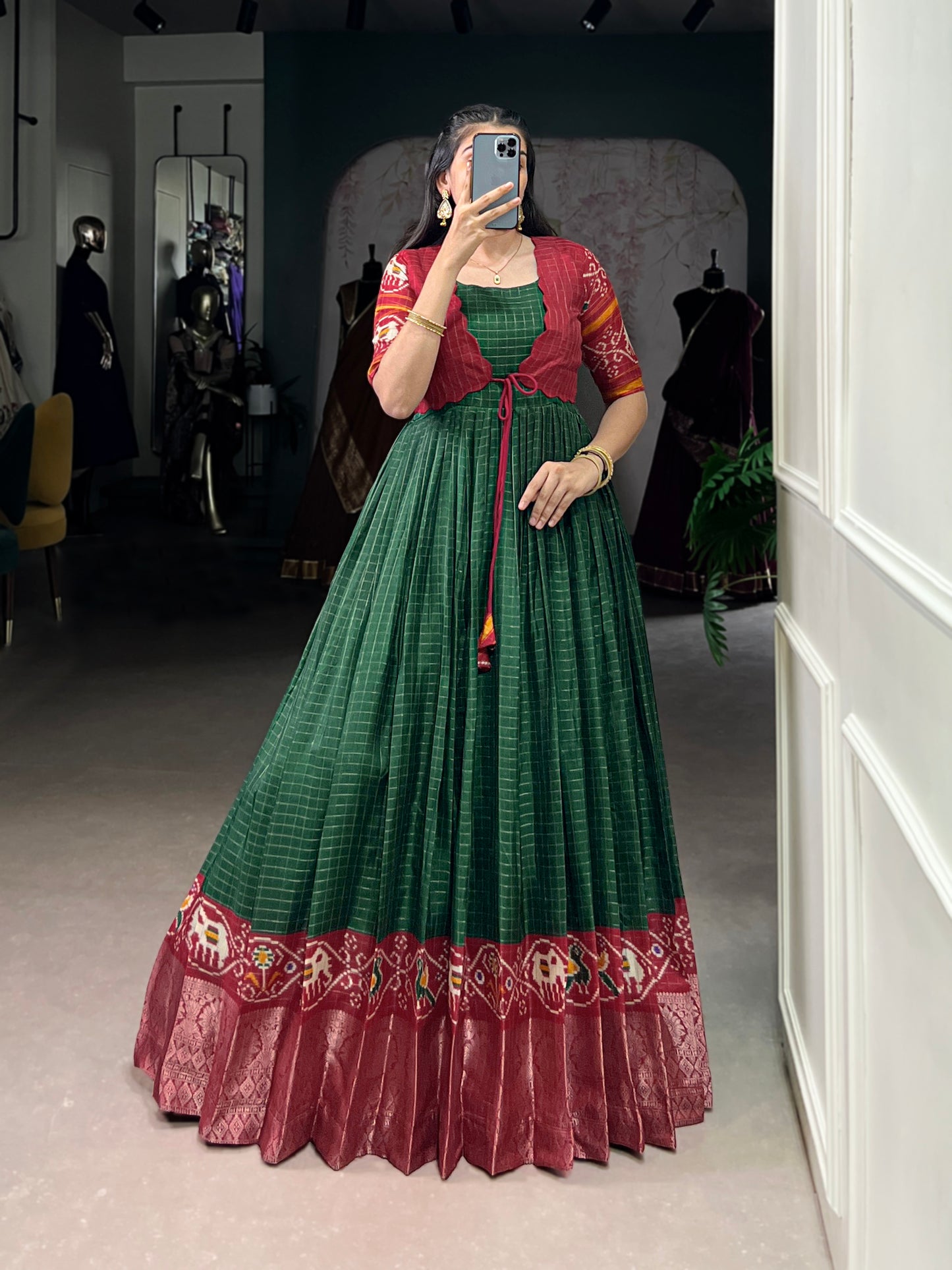 Tasar Chex Patola Print Gown with Weaving Border & Koti