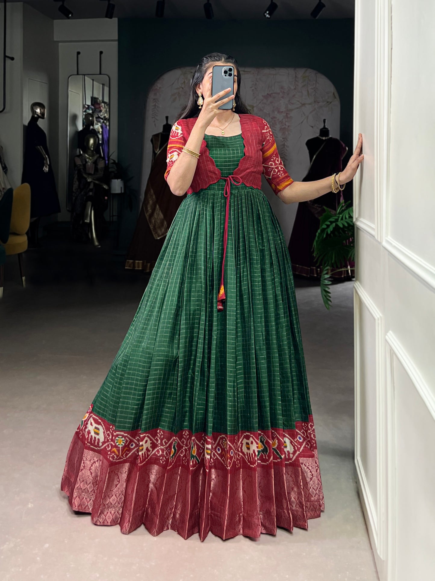 Tasar Chex Patola Print Gown with Weaving Border & Koti