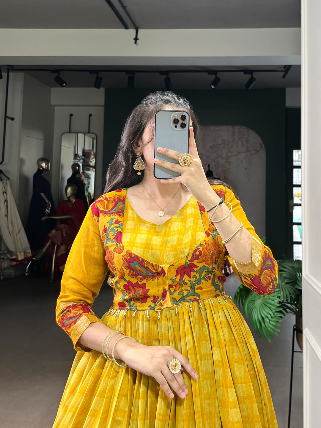 Chanderi-Style Printed Gown with Koti – Zari Weaving Work