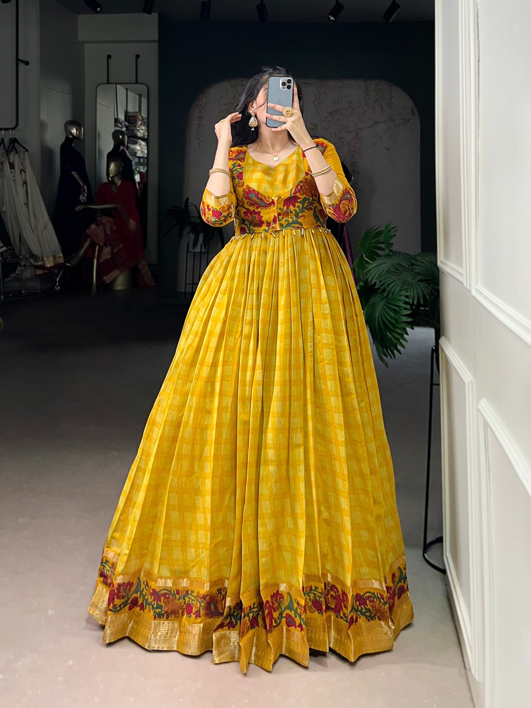 Chanderi-Style Printed Gown with Koti – Zari Weaving Work