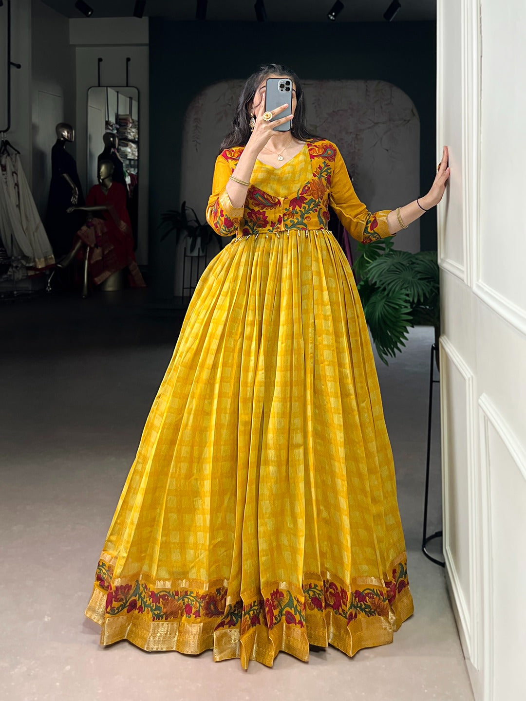 Chanderi-Style Printed Gown with Koti – Zari Weaving Work