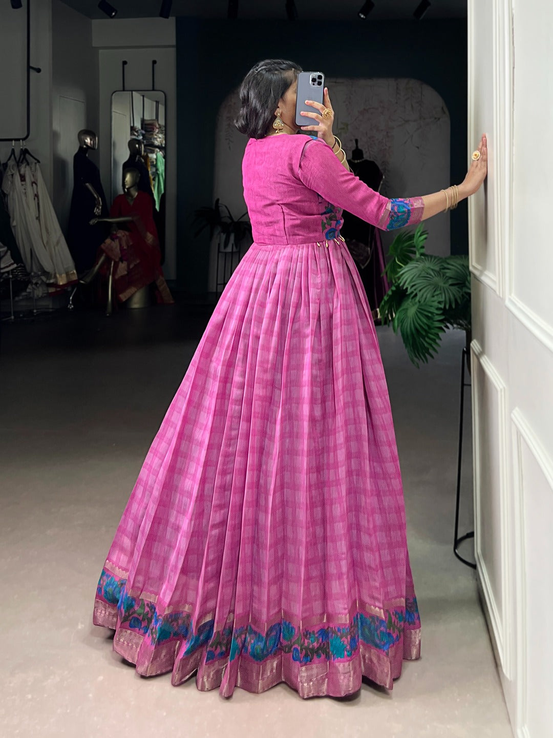 Chanderi-Style Printed Gown with Koti – Zari Weaving Work