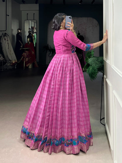 Chanderi-Style Printed Gown with Koti – Zari Weaving Work