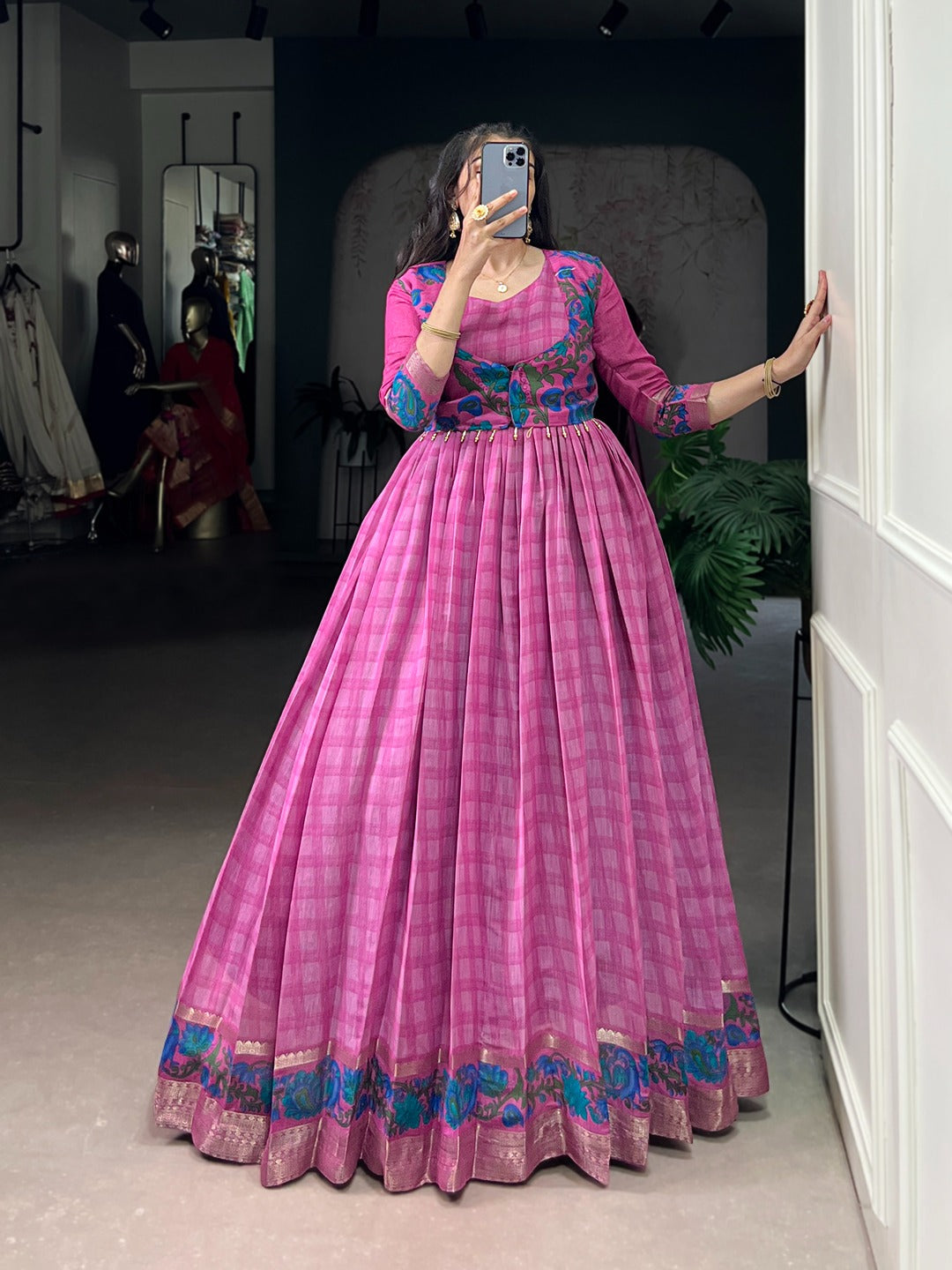 Chanderi-Style Printed Gown with Koti – Zari Weaving Work