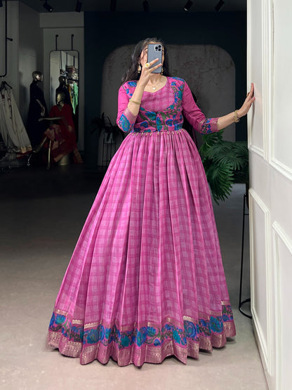 Chanderi-Style Printed Gown with Koti – Zari Weaving Work