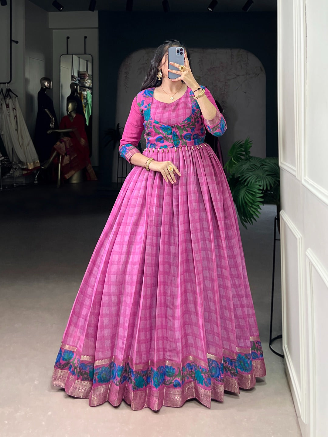 Chanderi-Style Printed Gown with Koti – Zari Weaving Work