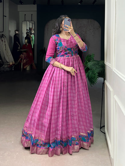 Chanderi-Style Printed Gown with Koti – Zari Weaving Work