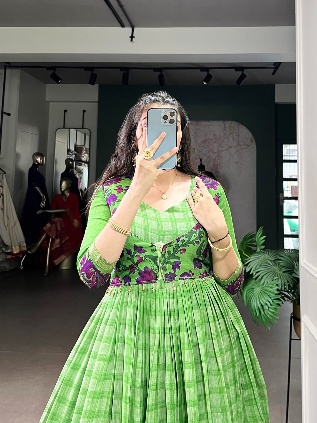 Chanderi-Style Printed Gown with Koti – Zari Weaving Work