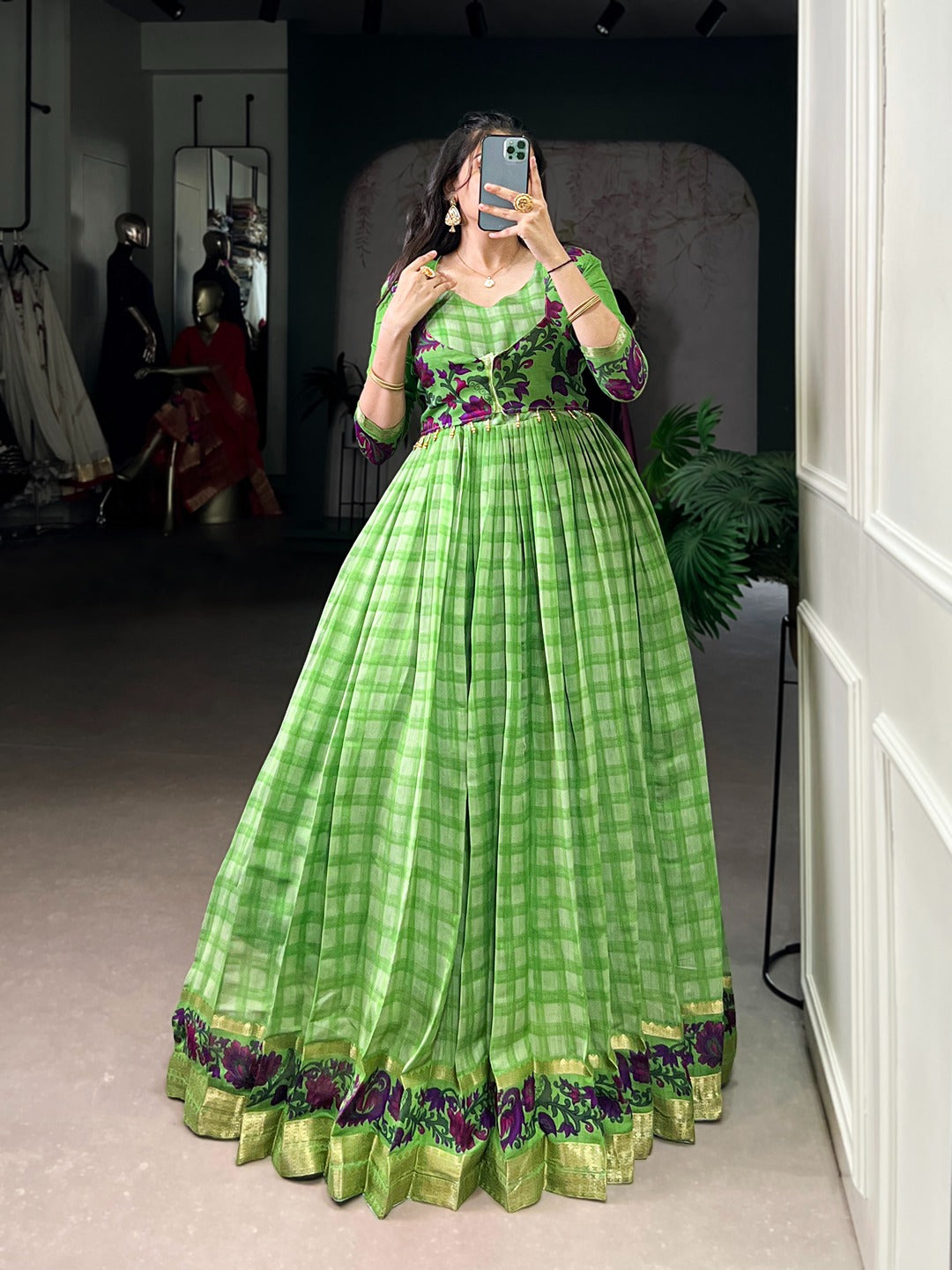 Chanderi-Style Printed Gown with Koti – Zari Weaving Work