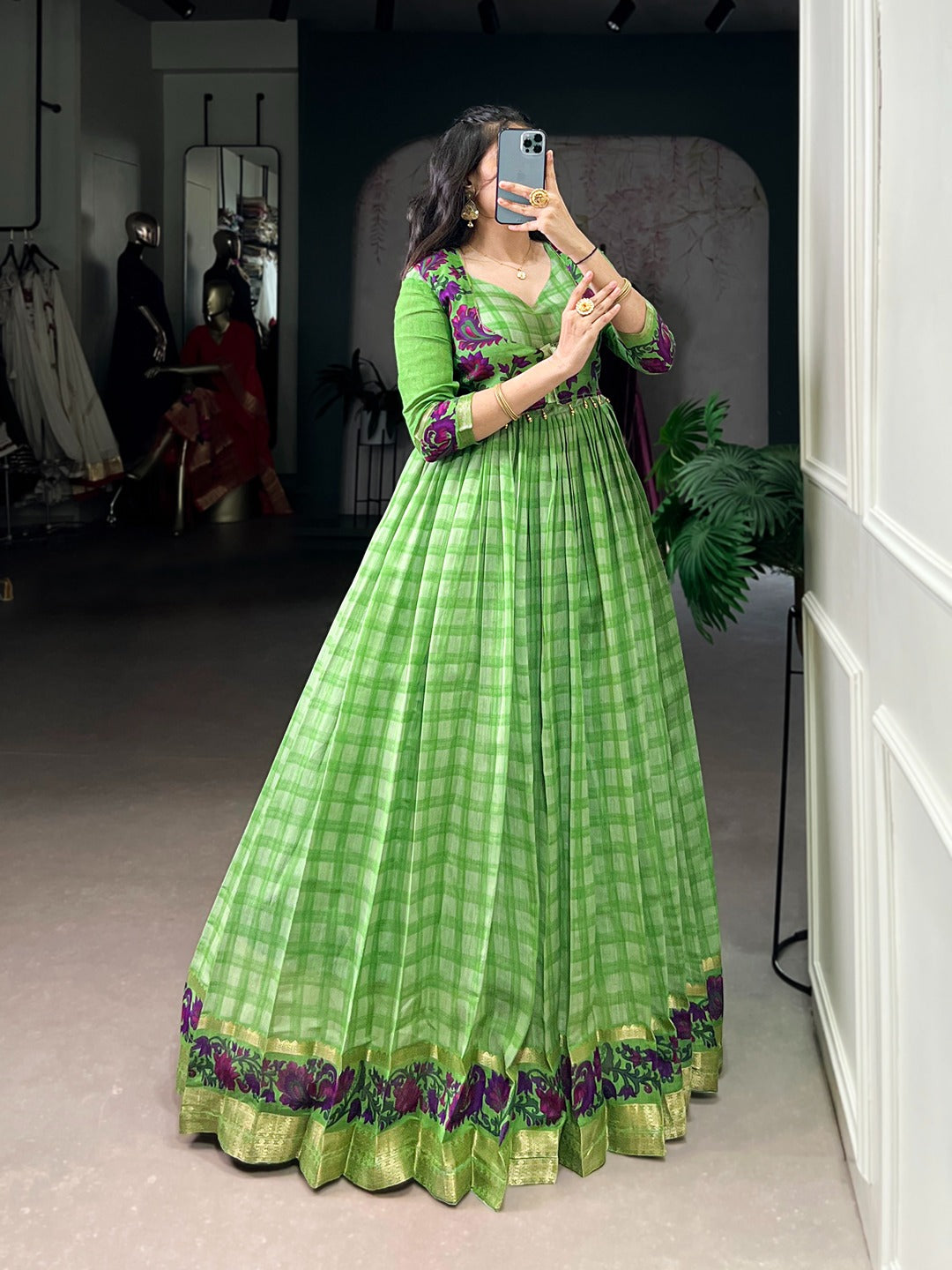 Chanderi-Style Printed Gown with Koti – Zari Weaving Work
