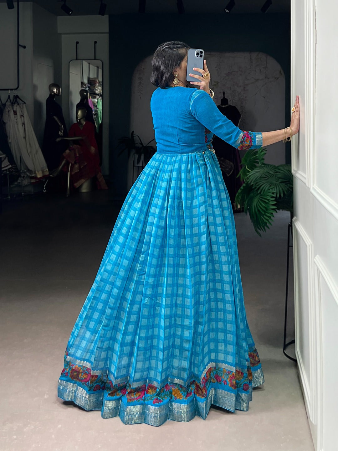 Chanderi-Style Printed Gown with Koti – Zari Weaving Work