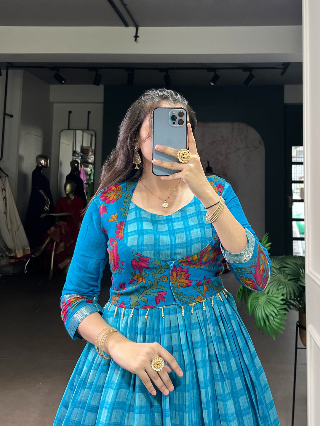 Chanderi-Style Printed Gown with Koti – Zari Weaving Work