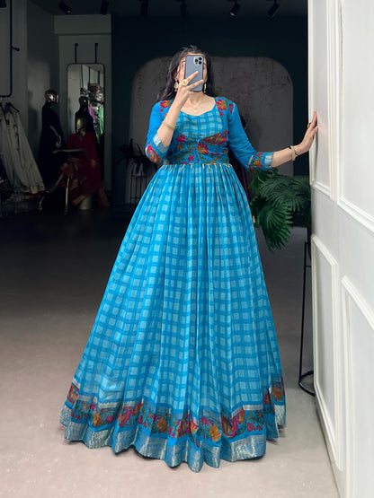 Chanderi-Style Printed Gown with Koti – Zari Weaving Work
