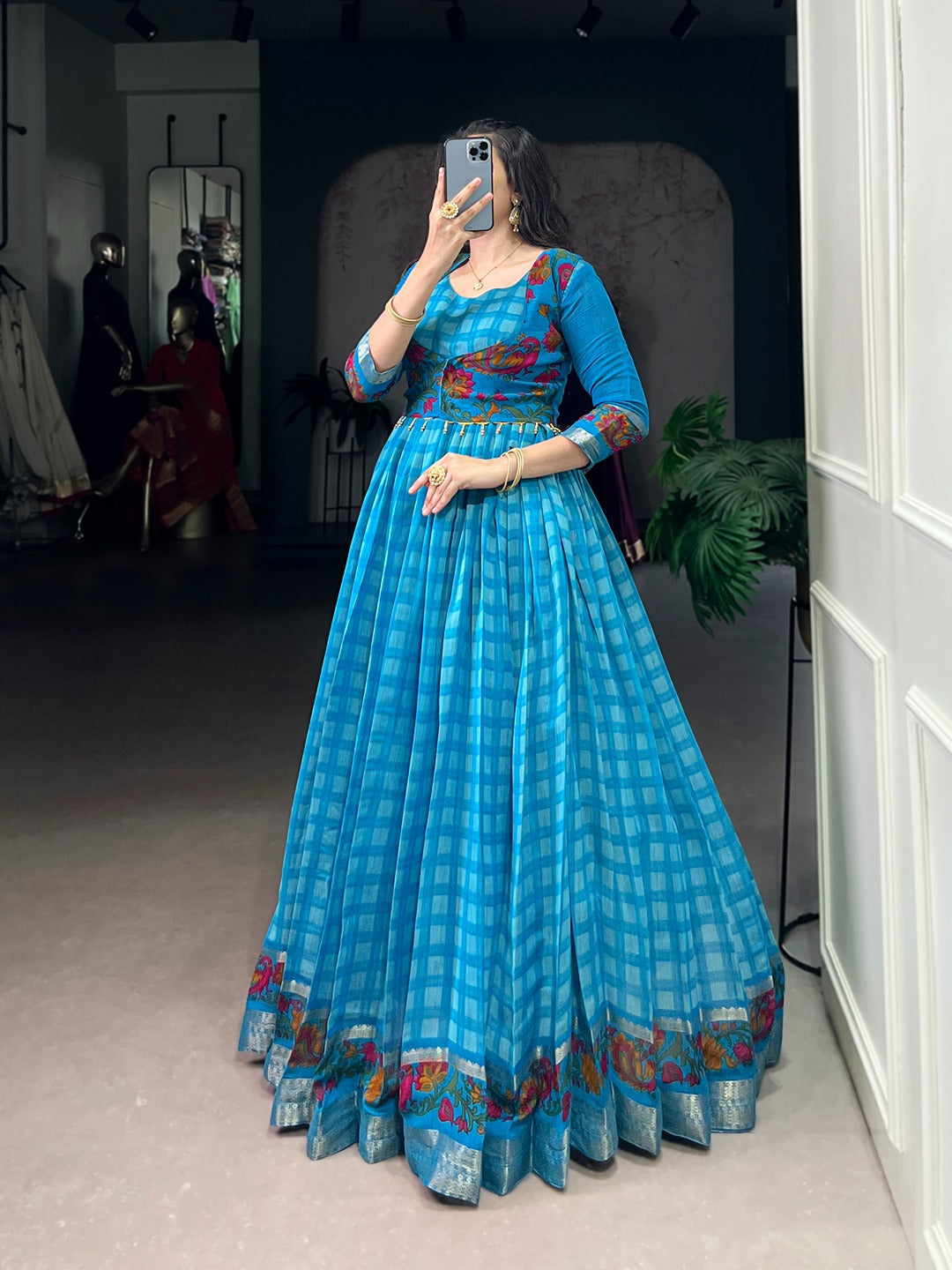 Chanderi-Style Printed Gown with Koti – Zari Weaving Work