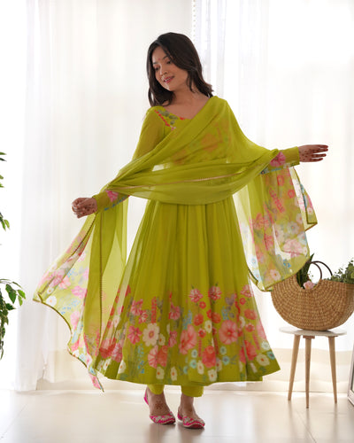 Floral Printed Organza Anarkali Suit Set With Matching Dupatta