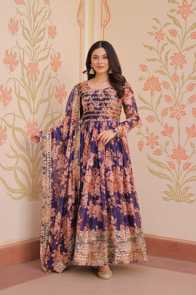 English Russian Silk Gown With Printed Dupatta
