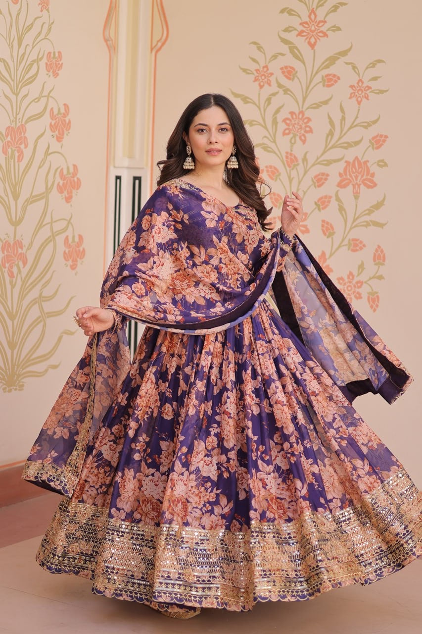 English Russian Silk Gown With Printed Dupatta
