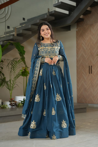 Green Teal Color Chinon Gown With Embroidery Dupatta