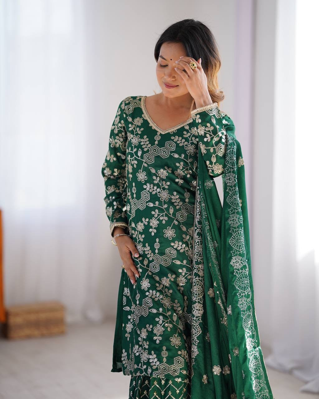 Green Color Designer Chinon Silk Sharara Set
