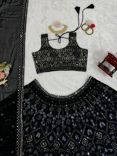 Black Faux Georgette Lehenga With Heavy Blouse And Dupatta
