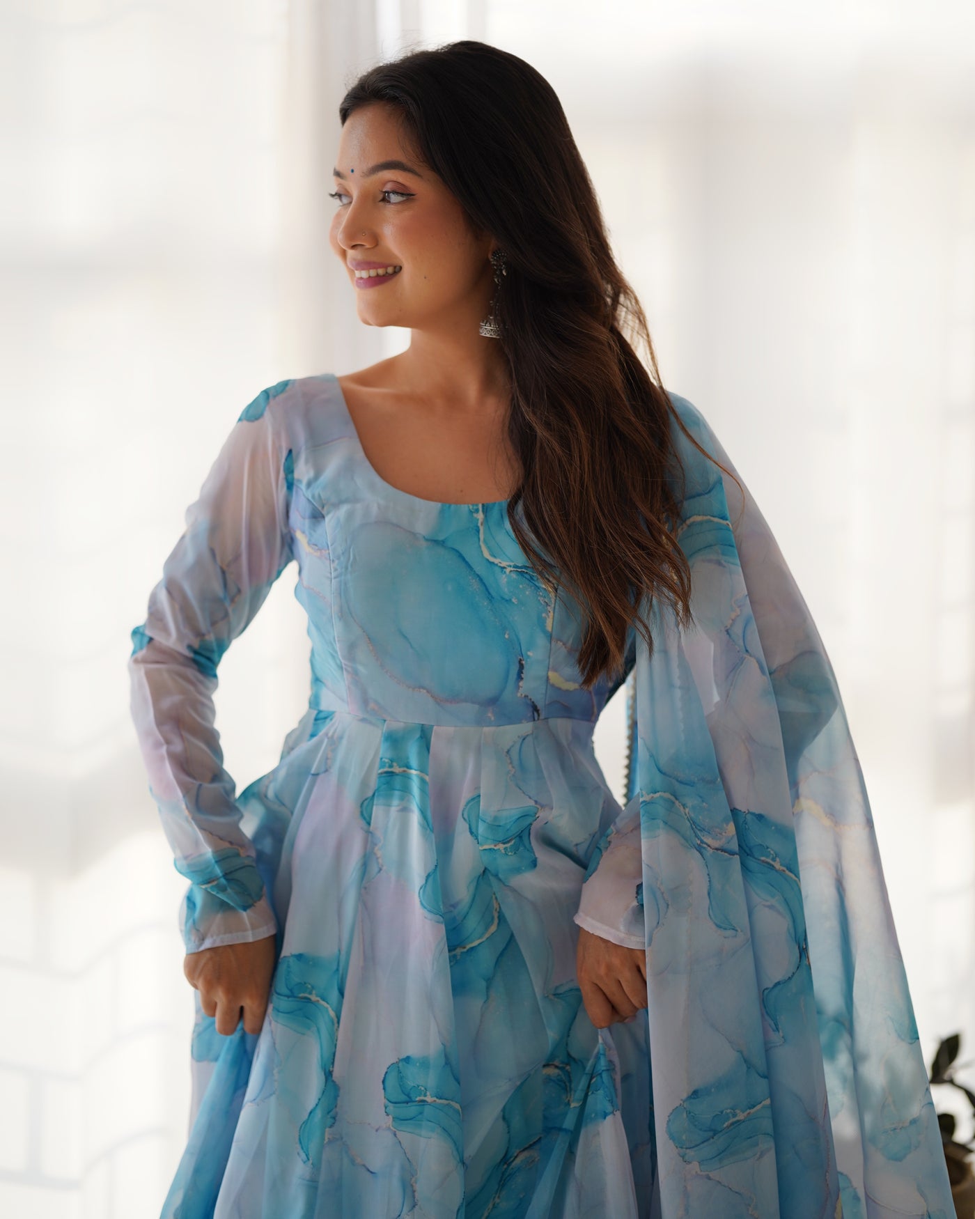 Pure Organza Silk Marble Print Anarkali Set With Dupatta And Pant