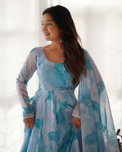 Pure Organza Silk Marble Print Anarkali Set With Dupatta And Pant
