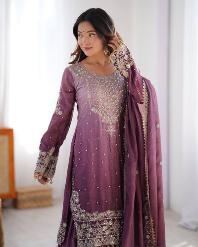 LIGHT PURPLE WEDDING WEAR CHINON SILK PLAZZO DRESS