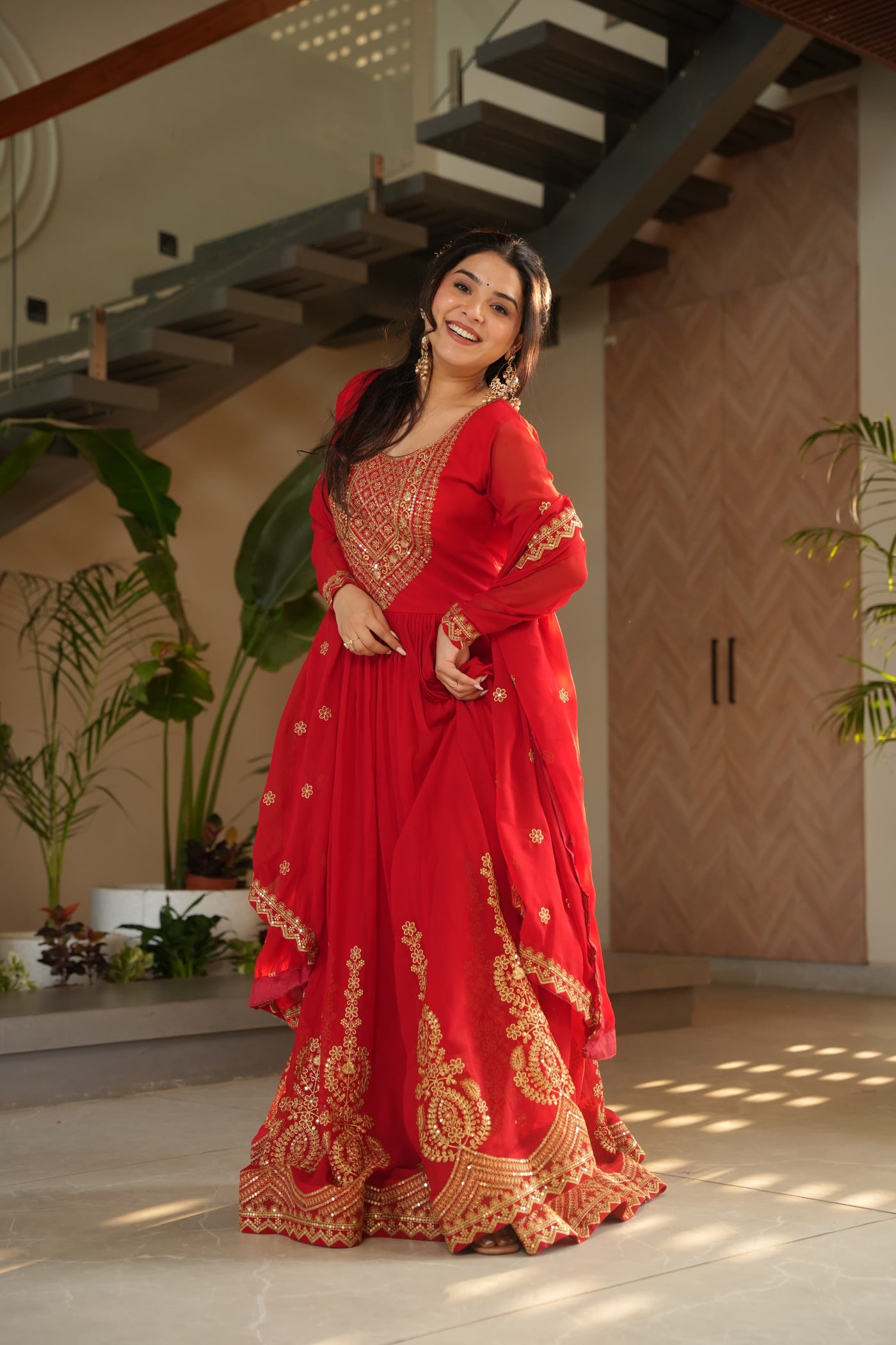 Ethnic Faux Blooming Gown With Embroidery Dupatta