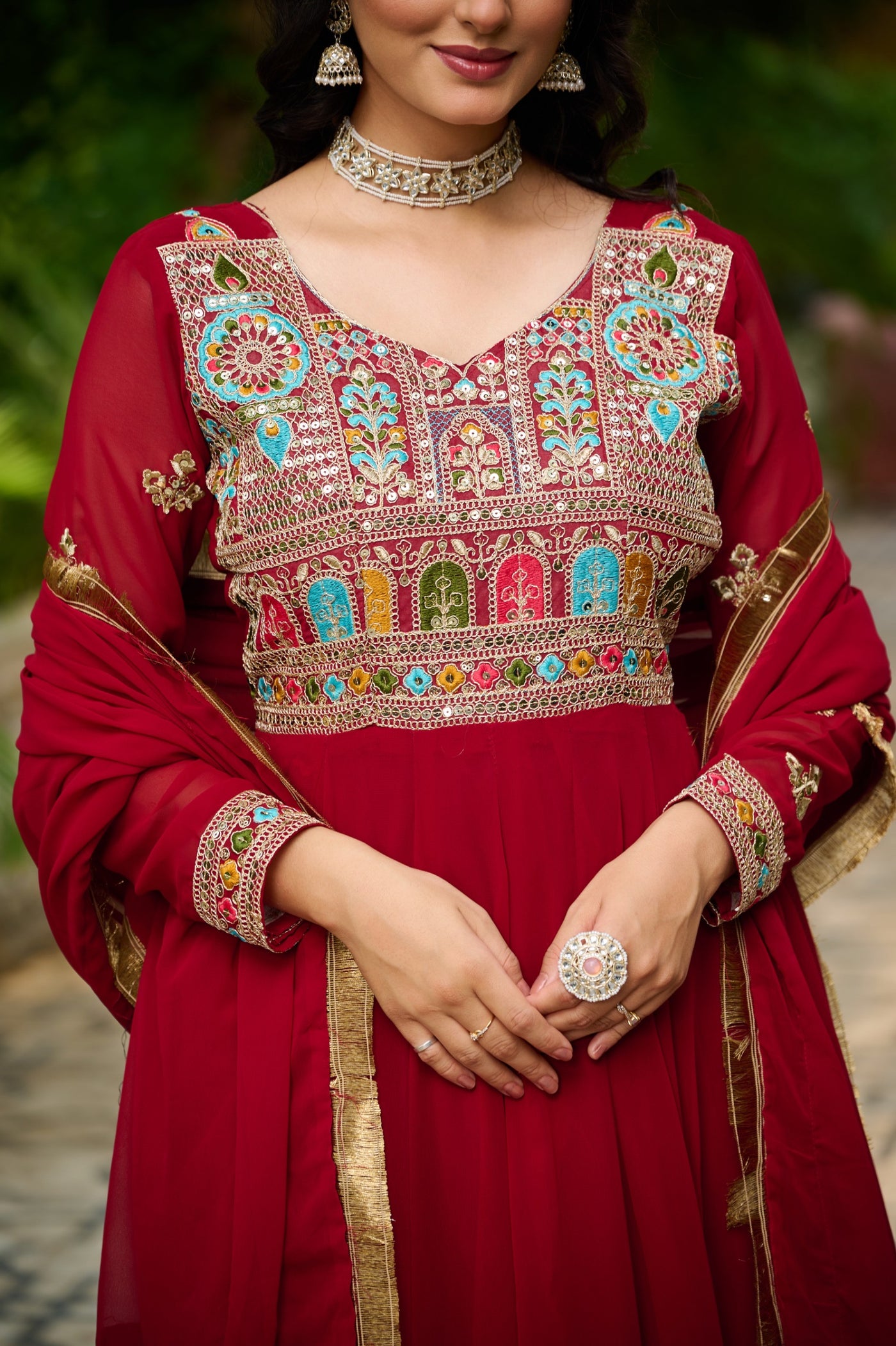 Charming Ethnic Gown With Multi-Thread Work And Zari Lace Dupatta